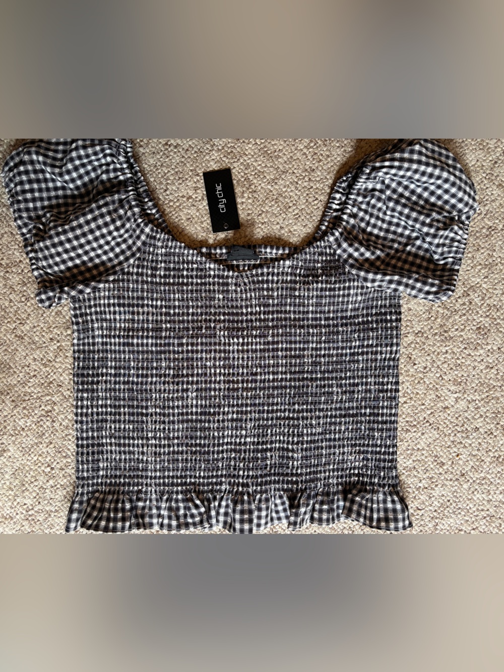 City Chic Black & White Gingham Smocked Puff-Sleeve Crop Top